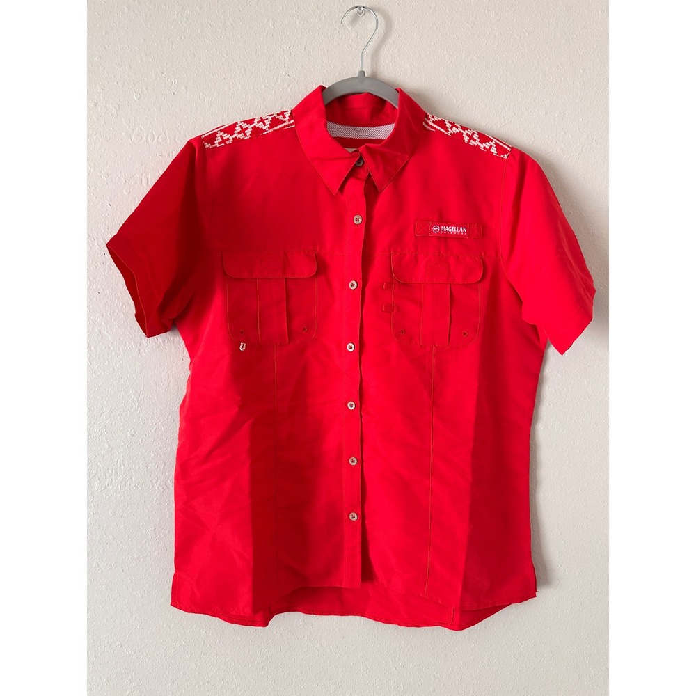 Magellan Fishing Shirt Womens M Red Scenic Deer Laguna Madre Button Down UPF 30